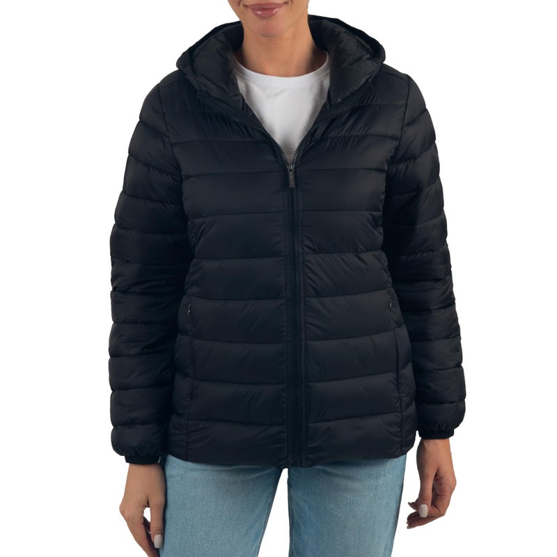 Alpine Swiss Eva Womenâ€™s Hooded Puffer Jacket | Lightweight Down Alternative Coat | Warm Water-Resistant Packable Winter Outerwear with Zip Pockets BLK L - Image 1